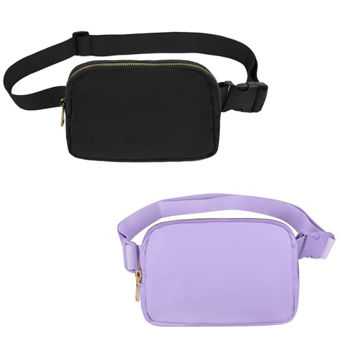 VOROLO Bauchtasche zum Laufen, Bauchtasche für Damen und Herren, Crossbody-Gürteltasche, Bauchtasche mit verstellbarem Riemen für Sport, Schwarz + Hellviolett, 2er-Pack Bauchtasche von VOROLO