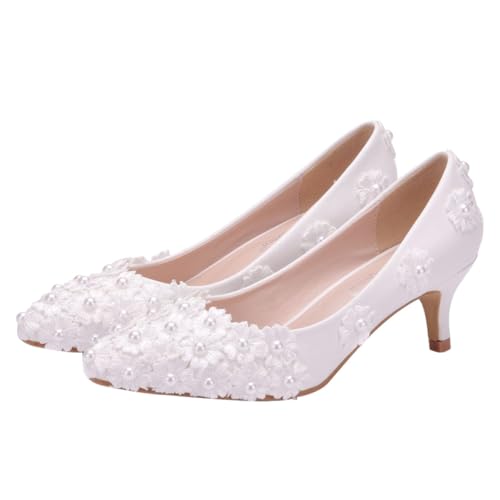 VOSAREA 1 Paar Damen Hochzeitschuhe mit Spitzenspitze und Mittelhohem Absatz Romantische Brautschuhe für Fotos Passend zu Kleidern und Jeans Weiß von VOSAREA