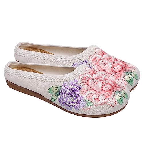 VOSAREA 1 Paar Stilisierte Bestickte Flache Schuhe für Damen Bequeme Baumwoll Hausschuhe mit Pfingstrosen für Sommer Weiß VOSAREA 1 Paar Stilisierte Bestickte Flache Schuhe für Damen Bequeme Baumwoll Hausschuhe mit Pfingstrosen für Sommer Weiß von VOSAREA