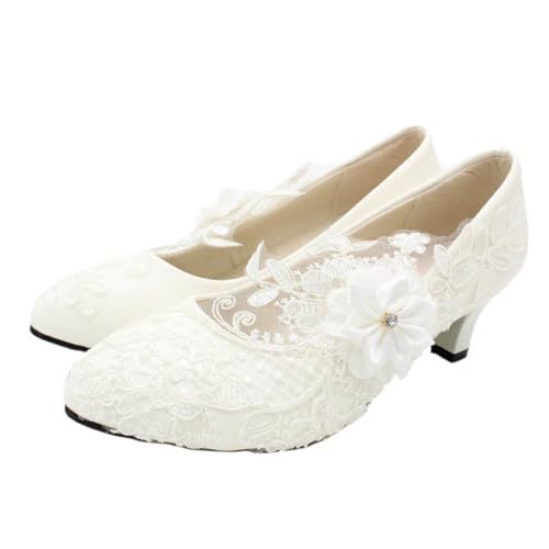 VOSAREA Weiße Damen Hochzeitsschuhe mit Blockabsatz Spitze Bequeme Brautschuhe für Party Bankett und Formelle Anlässe Leichter und Langlebiger Damenschuh von VOSAREA