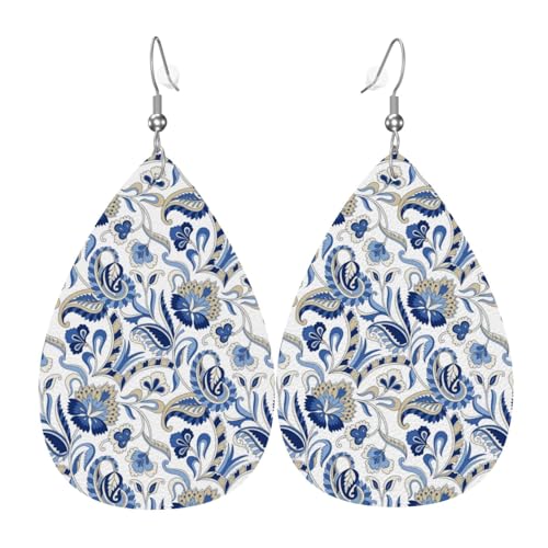 Blaue Paisleymuster Ohrringe für Damen, bunte Tropfen-Leder-Ohrringe für Damen, trendig, Tropfenohrringe, Schmuck Blaue Paisleymuster Ohrringe für Damen, bunte Tropfen-Leder-Ohrringe für Damen, trendig, Tropfenohrringe, Schmuck von VOSERY