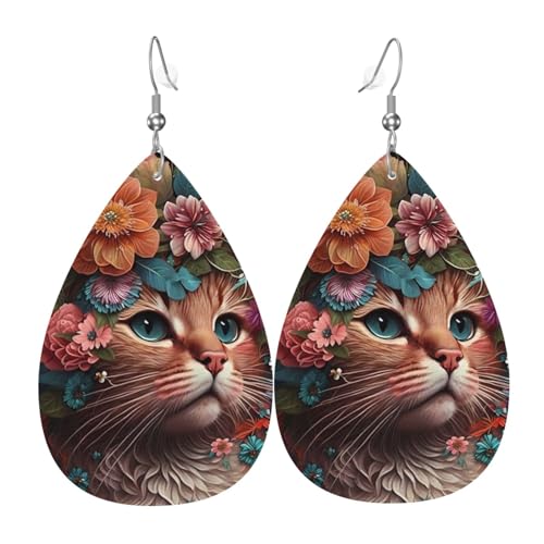 Blumenkrone und Katzenohrringe für Damen, bunte Tropfenform, Leder-Ohrringe für Damen, trendig, Tropfenohrringe, Schmuck von VOSERY