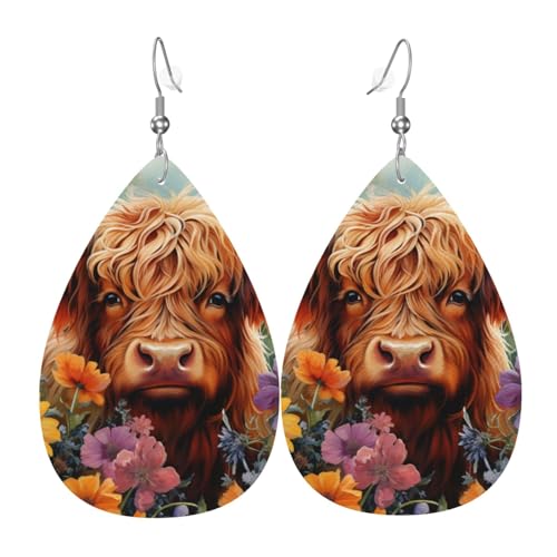 Bunte Kuh-Ohrringe mit Blumenmuster für Damen, bunte Tropfenform, Leder-Ohrringe für Damen, trendig, Tropfenohrringe, Schmuck von VOSERY