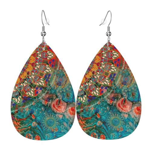 Bunte Mandala-Ohrringe für Damen, bunte tropfenförmige Leder-Ohrringe für Damen, trendig, Tropfenohrringe, Schmuck von VOSERY