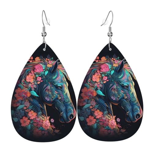 Bunte Pferdeohrringe mit Blumenmuster für Damen, bunte Tropfenohrringe aus Leder für Damen, trendig, Tropfenohrringe, Schmuck von VOSERY