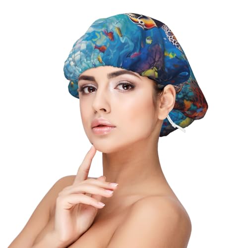 Bunte Unterwasser-Meeresschildkröten-Satinhaube zum Schlafen, doppellagig, verstellbar, elastisch, Schlafhaube für Frauen, lockiges Haar von VOSERY