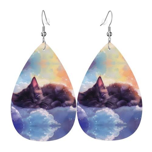 Bunte Wolkenohrringe mit schlafender Katze, bunte Tränenohrringe aus Leder für Damen, trendig, Tropfenohrringe, Schmuck von VOSERY