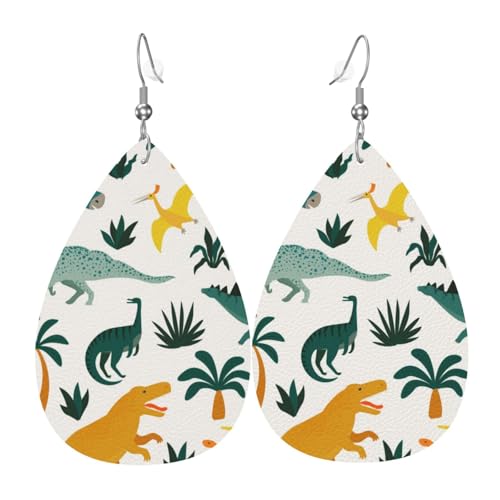Dinosaurier- und tropische Blätter-Ohrringe für Frauen, bunte Tropfenleder-Ohrringe für Damen, trendig, Tropfenohrringe, Schmuck von VOSERY