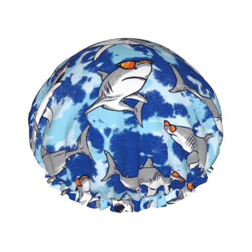 Duschhaube, Brille, großer weißer Hai, Duschhaube für Frauen, wiederverwendbar, wasserdicht, Haarkappe für Dusche, doppellagiges elastisches Band, langes Haar Badekappen von VOSERY
