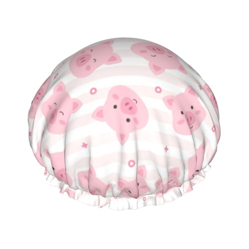 Duschhaube, Cartoon-Schweine-Duschhaube für Frauen, wiederverwendbar, wasserdicht, Haarkappe für Dusche, doppellagiges elastisches Band, langes Haar Badekappen von VOSERY