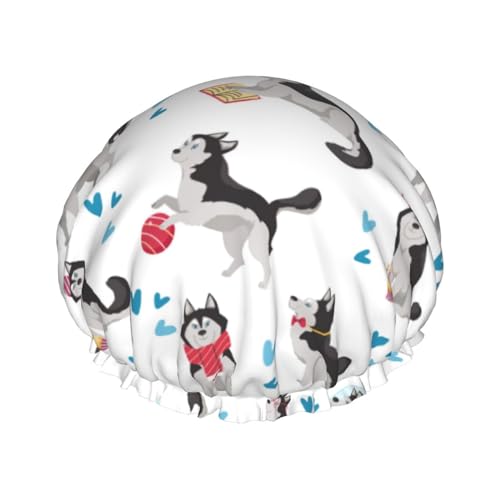 Duschhaube, Cartoon-niedlicher Husky-Hund, lustige Duschhaube für Frauen, wiederverwendbar, wasserdicht, Haarkappe für Dusche, doppellagiges elastisches Band, langes Haar Badekappen von VOSERY