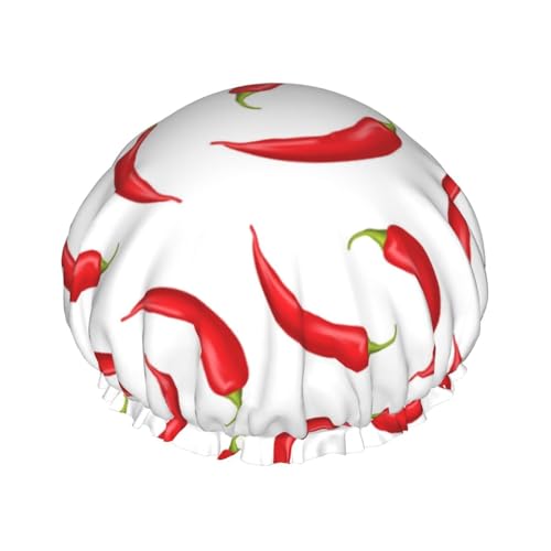 Duschhaube, Chili-Pfeffer-Duschhaube für Frauen, wiederverwendbar, wasserdicht, Haarkappe für Dusche, doppellagiges elastisches Band, langes Haar, Badekappen von VOSERY