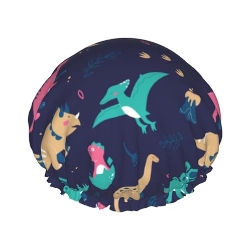 Duschhaube, Dinosaurier-Druck, L-Duschhaube für Frauen, wiederverwendbar, wasserdicht, Haarkappe für Dusche, doppellagiges elastisches Band, langes Haar, Badekappen von VOSERY
