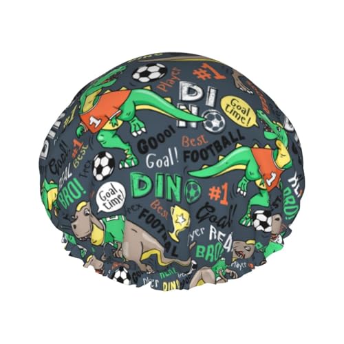 Duschhaube, Dinosaurier-Spiel-Fußball-Duschhaube für Frauen, wiederverwendbar, wasserdicht, Haarkappe für Dusche, doppellagig, elastisches Band, langes Haar von VOSERY