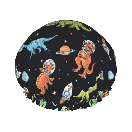 Duschhaube, Dinosaurier-Weltraum-Duschhaube für Frauen, wiederverwendbar, wasserdicht, Haarkappe für Dusche, doppellagiges elastisches Band, langes Haar Badekappen von VOSERY