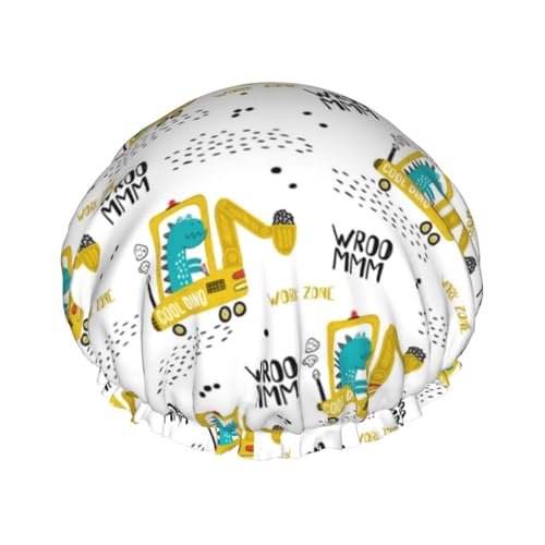 Duschhaube, Dinosaurier auf Bagger Duschhaube für Frauen, wiederverwendbar, wasserdicht, Haarkappe für Dusche, doppellagiges elastisches Band, langes Haar Badekappen von VOSERY