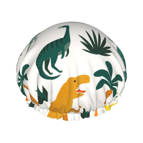 Duschhaube, Dinosaurier und tropische Blätter, Duschhaube für Frauen, wiederverwendbar, wasserdicht, Haarkappe für Dusche, doppellagiges elastisches Band, langes Haar Badekappen von VOSERY