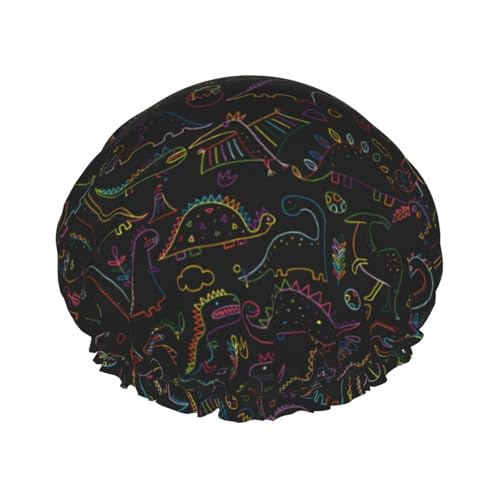 Duschhaube, Doodle Dinosaurier Duschhaube für Frauen, wiederverwendbar, wasserdicht, Haarkappe für Dusche, doppellagiges elastisches Band, langes Haar Badekappen von VOSERY