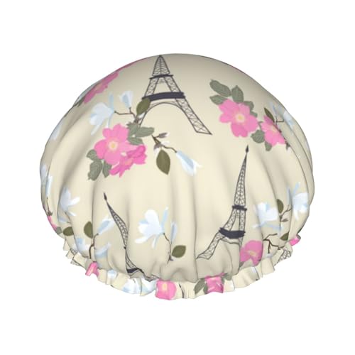 Duschhaube, Eiffelblumentürme, Duschhaube für Frauen, wiederverwendbar, wasserdicht, Haarkappe für Dusche, doppellagig, elastisches Band, langes Haar, Badekappen von VOSERY