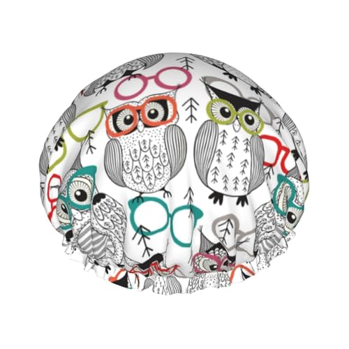 Duschhaube, Eule mit Brille, Duschhaube für Frauen, wiederverwendbar, wasserdicht, Haarkappe für Dusche, doppellagig, elastisches Band, langes Haar, Badekappen Duschhaube, Eule mit Brille, Duschhaube für Frauen, wiederverwendbar, wasserdicht, Haarkappe für Dusche, doppellagig, elastisches Band, langes Haar, Badekappen von VOSERY
