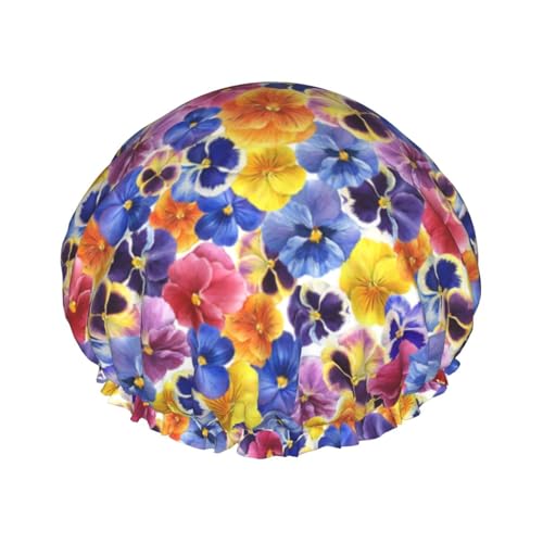 Duschhaube, Garten Tricolor Stiefmütterchen Blume Duschhaube für Frauen Wiederverwendbar Wasserdicht Haarkappe für Dusche Doppellagiges Gummiband Langhaar Badekappen von VOSERY