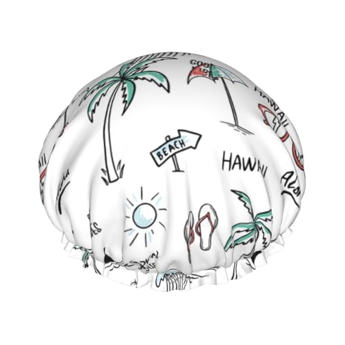 Duschhaube, Hawaii-Palmen, Flip-Flops, Duschhaube für Frauen, wiederverwendbar, wasserdicht, Haarkappe für Dusche, doppellagig, elastisches Band, langes Haar von VOSERY