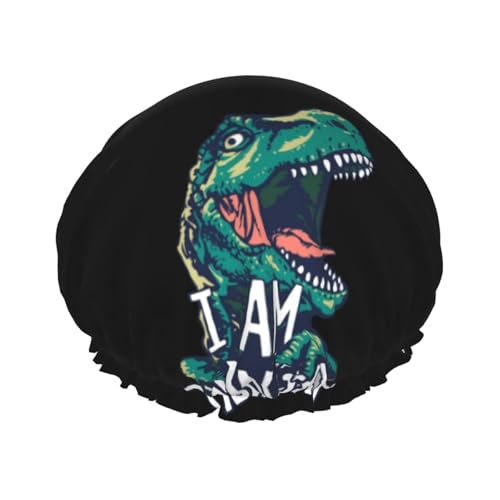 Duschhaube, Hungrige Dinosaurier-Duschhaube für Frauen, wiederverwendbar, wasserdicht, Haarkappe für Dusche, doppellagiges elastisches Band, langes Haar Badekappen von VOSERY