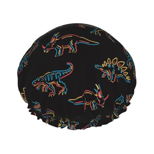 Duschhaube, Neon-Dinosaurier-Duschhaube für Frauen, wiederverwendbar, wasserdicht, Haarkappe für Dusche, doppellagiges elastisches Band, langes Haar Badekappen von VOSERY
