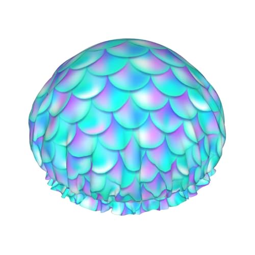 Duschhaube, Perlviolett, Blau, Fischschuppen, Duschhaube für Frauen, wiederverwendbar, wasserdicht, Haarkappe für Dusche, doppellagig, elastisches Band, langes Haar von VOSERY