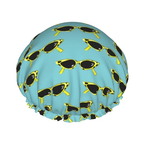 Duschhaube, Retro-Sommer-Sonnenbrille, Duschhaube für Damen, wiederverwendbar, wasserdicht, Haarkappe für Dusche, doppellagiges elastisches Band, langes Haar, Badekappen von VOSERY