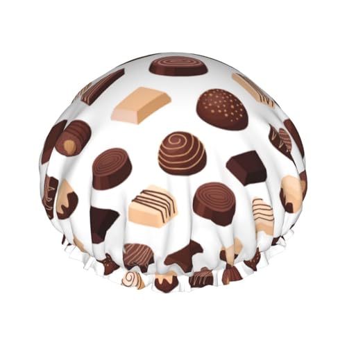 Duschhaube, Schokoladenmuster, Nr. 9059, Duschhaube für Damen, wiederverwendbar, wasserdicht, Haarkappe für Dusche, doppellagig, elastisches Band, langes Haar, Badekappen von VOSERY