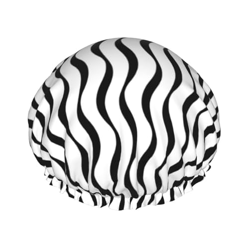 Duschhaube, Schwarz-Weiß-Wellenmuster, Duschhaube für Frauen, wiederverwendbar, wasserdicht, Haarkappe für Dusche, doppellagiges elastisches Band, langes Haar, Badekappen von VOSERY