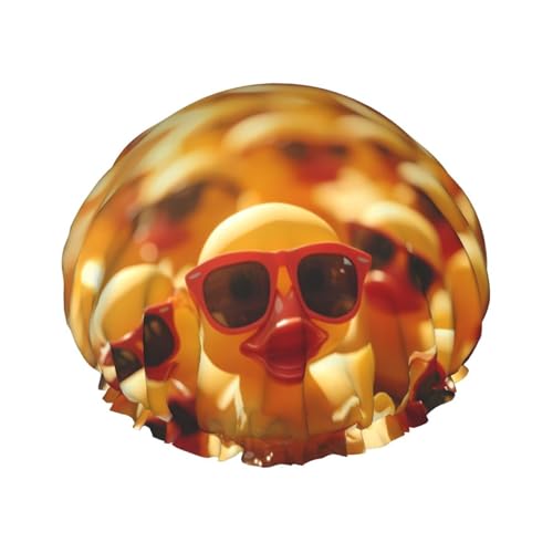Duschhaube, Sonnenbrille, gelbe Ente Duschhaube für Frauen, wiederverwendbar, wasserdicht, Haarkappe für Dusche, doppellagig, elastisches Band, langes Haar, Badekappen von VOSERY