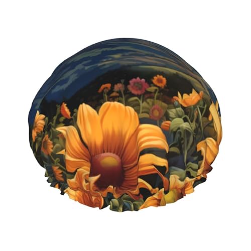 Duschhaube, Sonnenuntergang, Himmel, Sonnenblume, Duschhaube für Frauen, wiederverwendbar, wasserdicht, Haarkappe für Dusche, doppellagig, elastisches Band, langes Haar von VOSERY