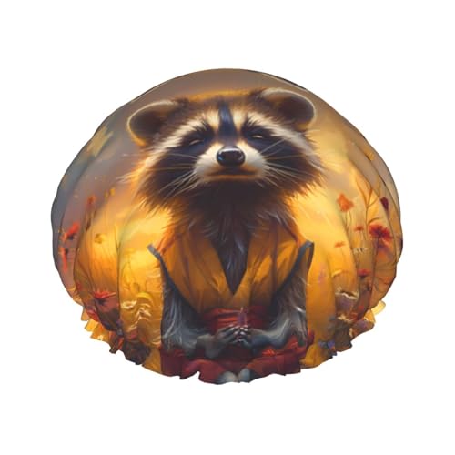 Duschhaube, Sonnenuntergang Blume Meditierende Waschbär Duschhaube für Frauen Wiederverwendbar Wasserdicht Haarkappe für Dusche Doppellagiges Gummiband Lange Haare Badekappen von VOSERY