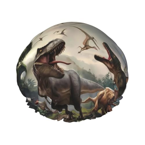 Duschhaube, Waldpark, Dinosaurier-Duschhaube für Frauen, wiederverwendbar, wasserdicht, Haarkappe für Dusche, doppellagiges elastisches Band, langes Haar Badekappen von VOSERY