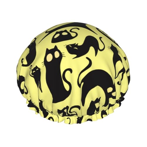 Duschhaube, abstrakte süße Katze, schwarze Duschhaube für Frauen, wiederverwendbar, wasserdicht, Haarkappe für Dusche, doppellagiges elastisches Band, langes Haar Badekappen von VOSERY