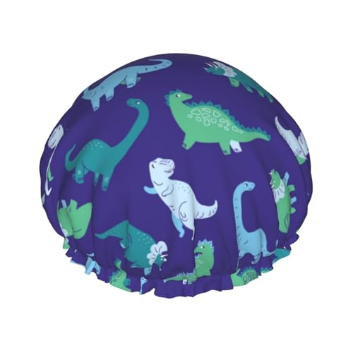 Duschhaube, blaue Dinosaurier-Muster, Duschhaube für Frauen, wiederverwendbar, wasserdicht, Haarkappe für Dusche, doppellagig, elastisches Band, langes Haar von VOSERY