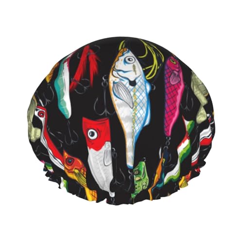 Duschhaube, bunte Angelköder, Duschhaube für Frauen, wiederverwendbar, wasserdicht, Haarkappe für Dusche, doppellagig, elastisches Band, langes Haar von VOSERY