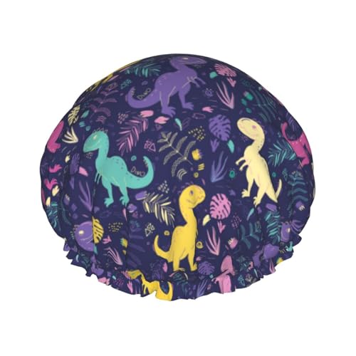 Duschhaube, bunte Dinosaurier-D-Duschhaube für Frauen, wiederverwendbar, wasserdicht, Haarkappe für Dusche, doppellagig, elastisches Band, langes Haar von VOSERY