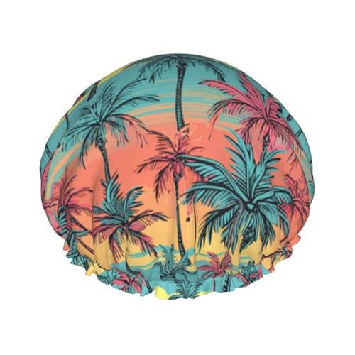 Duschhaube, bunte Hawaii-Palmen, Duschhaube für Frauen, wiederverwendbar, wasserdicht, Haarkappe für Dusche, doppellagig, elastisches Band, langes Haar von VOSERY