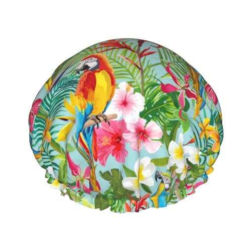 Duschhaube, bunte Papageienblume, Pflanzen-Duschhaube für Frauen, wiederverwendbar, wasserdicht, Haarkappe für Dusche, doppellagig, elastisches Band, langes Haar von VOSERY