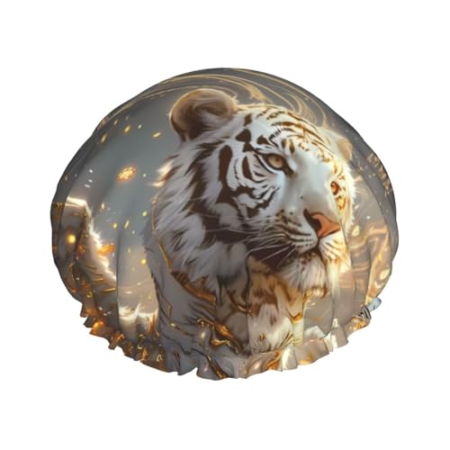Duschhaube, goldener weißer Tiger, Duschhaube für Frauen, wiederverwendbar, wasserdicht, Haarkappe für Dusche, doppellagiges elastisches Band, langes Haar, Badekappen von VOSERY