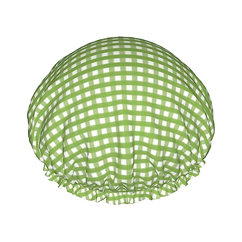 Duschhaube, grünes Gingham-Duschhaube für Frauen, wiederverwendbar, wasserdicht, Haarkappe für Dusche, doppellagiges elastisches Band, langes Haar, Badekappen von VOSERY