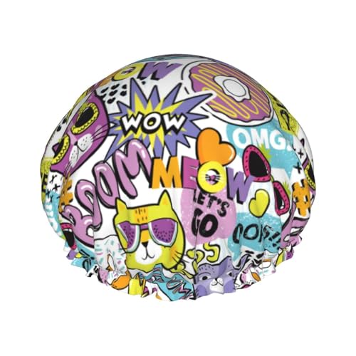Duschhaube, moderne abstrakte Brille, Katzen-Duschhaube für Frauen, wiederverwendbar, wasserdicht, Haarkappe für Dusche, doppellagiges elastisches Band, langes Haar, Badekappen von VOSERY