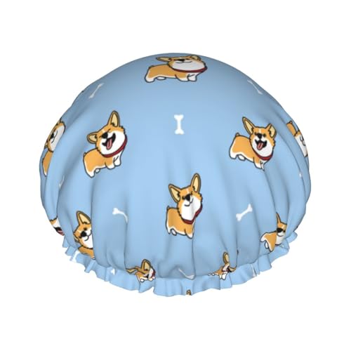 Duschhaube, niedliche Cartoon-Corgi-Duschhaube für Frauen, wiederverwendbar, wasserdicht, Haarkappe für Dusche, doppellagiges elastisches Band, langes Haar von VOSERY