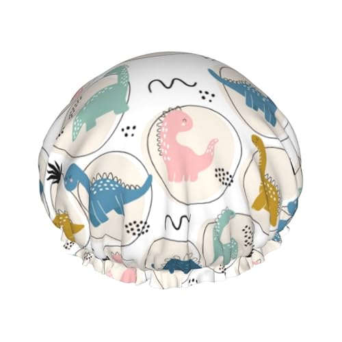 Duschhaube, niedliche Dinosaurier, bunte Duschhaube für Frauen, wiederverwendbar, wasserdicht, Haarkappe für Dusche, doppellagig, elastisches Band, langes Haar von VOSERY
