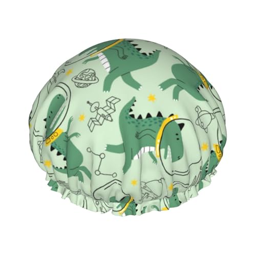 Duschhaube, niedliche Dinosaurier im Weltraum, Duschhaube für Frauen, wiederverwendbar, wasserdicht, Haarkappe für Dusche, doppellagiges elastisches Band, langes Haar Badekappen von VOSERY