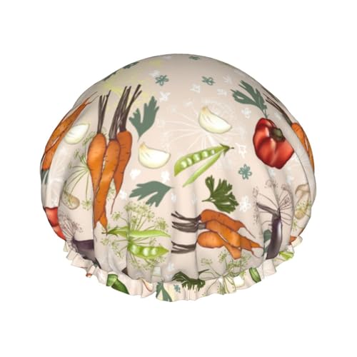 Duschhaube, niedliche Gemüse-Duschhaube für Frauen, wiederverwendbar, wasserdicht, Haarkappe für Dusche, doppellagiges elastisches Band, langes Haar Badekappen von VOSERY