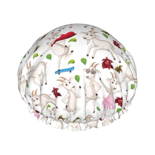Duschhaube, niedliche lustige Ziegen-Cartoon-Blumen-Duschhaube für Frauen, wiederverwendbar, wasserdicht, Haarkappe für Dusche, doppellagiges elastisches Band, langes Haar Badekappen von VOSERY